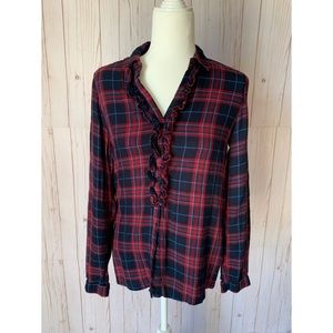 ZARA red/blue ruffle plaid button up, size Small